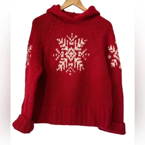 American Eagle Chunky Hand Knit Wool Snowflake Ski Winter Red Hooded Sweater - L - Picture 1 of 8